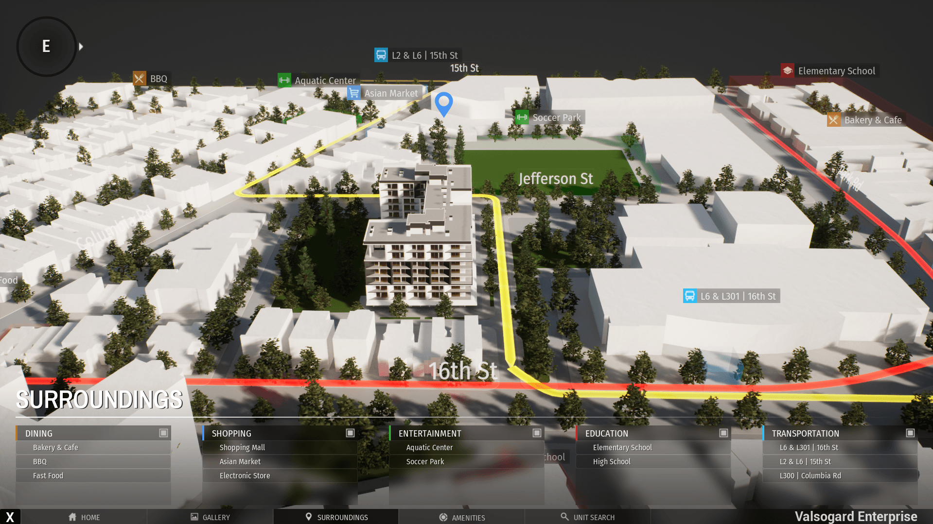 Building amenities view with interactive hotspots